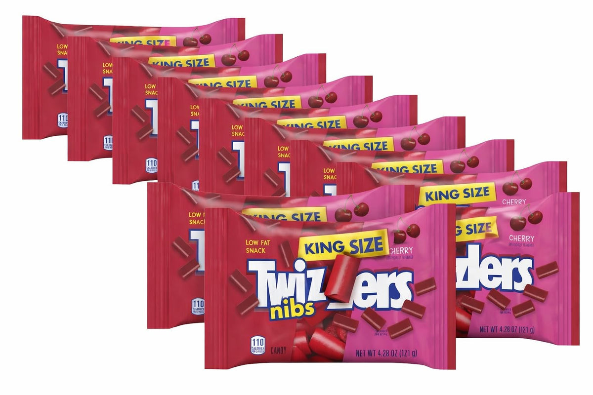 Tundras Twizlers Cherry Nibs King Size pack, glossy red nibs, ideal for sharing.