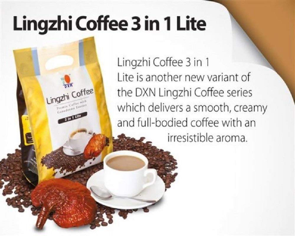 close-up of tunez dxn lingzhi 3-in-1 lite sachet for quick brewing