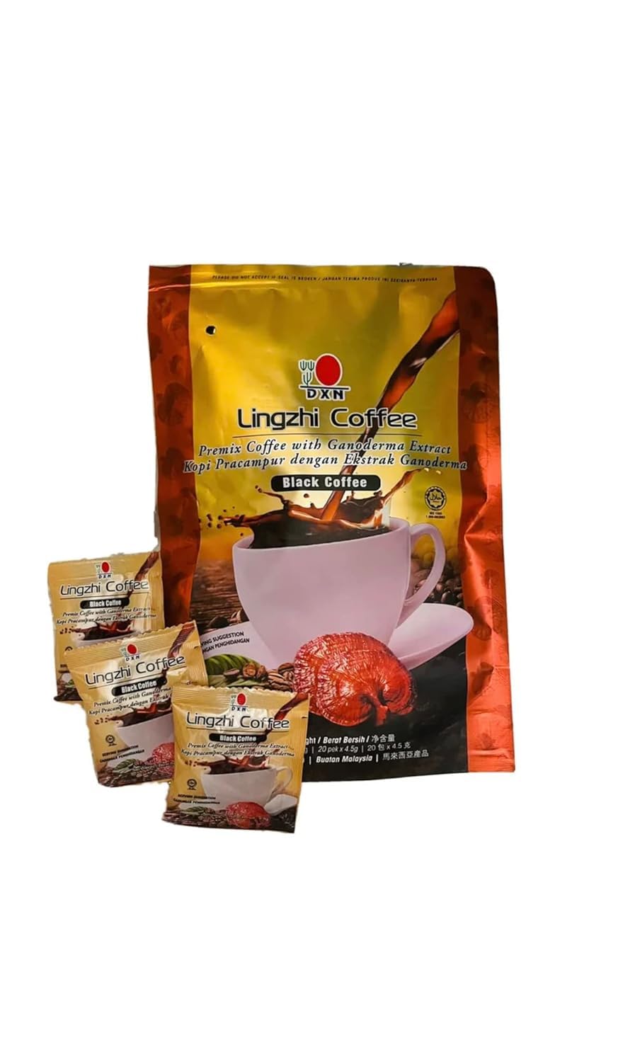Tunez DXN Lingzhi Black Coffee packaging shows convenient instant coffee for busy mornings