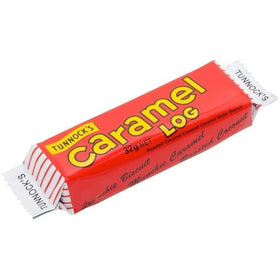 Close-up of a 32 g Caramel Log showing portion size.