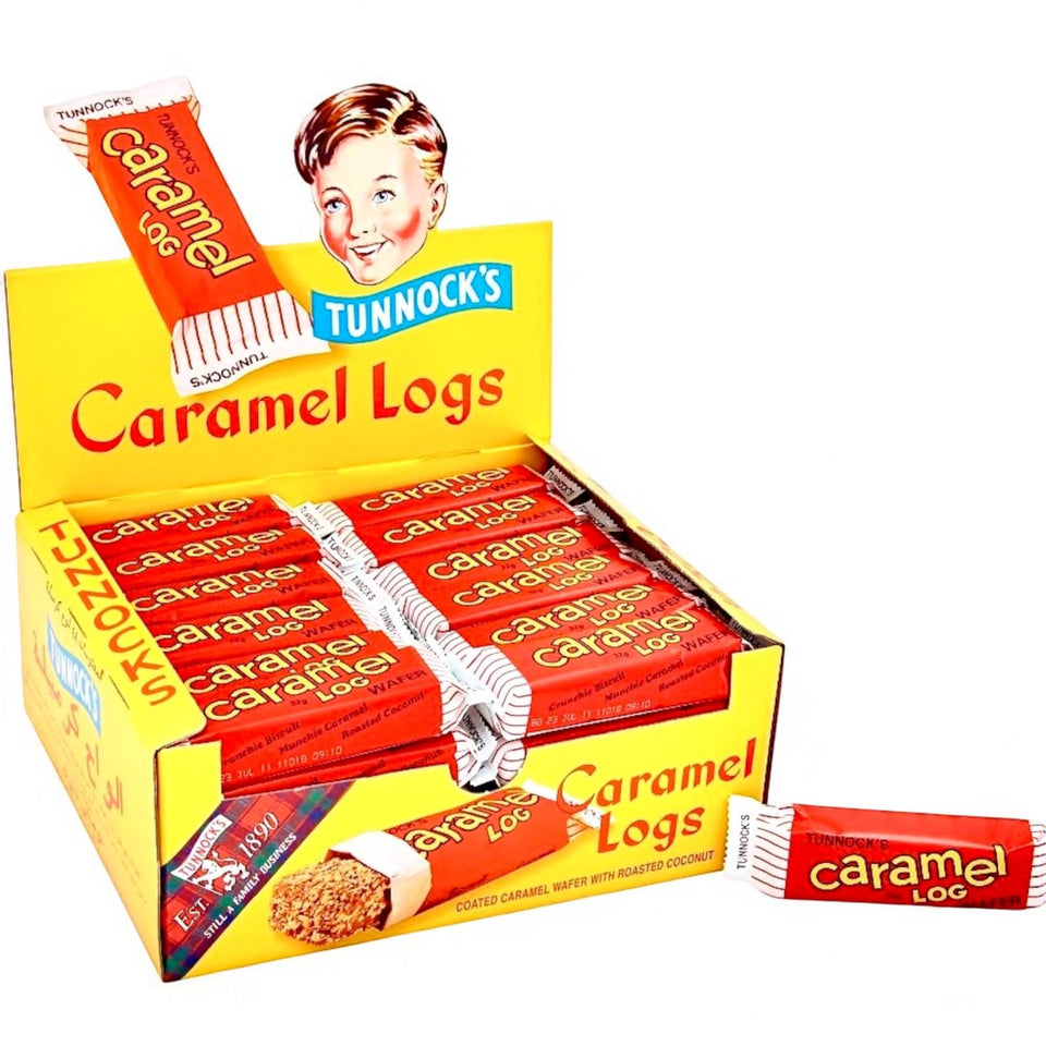 Tunnock's Caramel Log with striped wrapper, a classic teatime snack.
