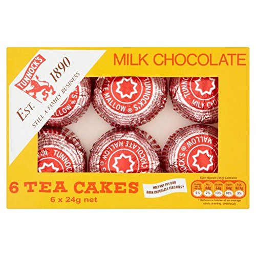 Tunnock's Tea Cakes Milk Chocolate 6x24g pack, a classic teatime treat with a creamy marshmallow center.