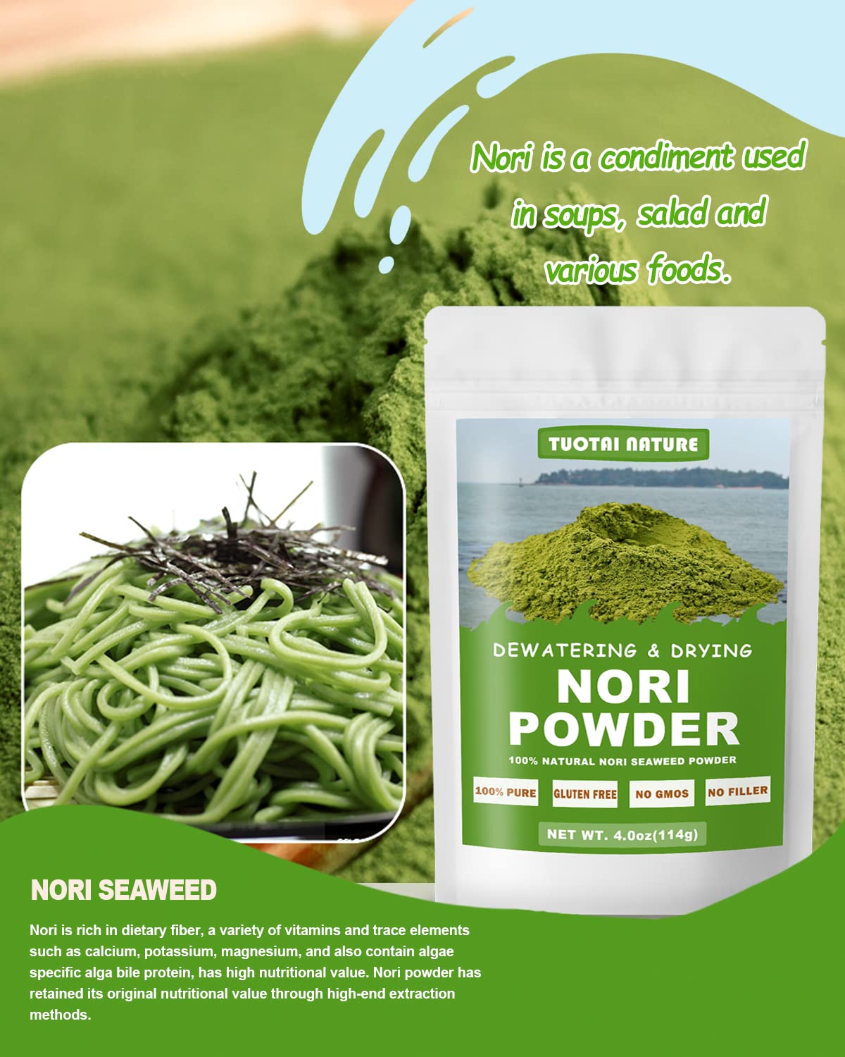 TUOTAI Nori Powder as vegan ingredient enriches soups and salads with sea mineral notes.