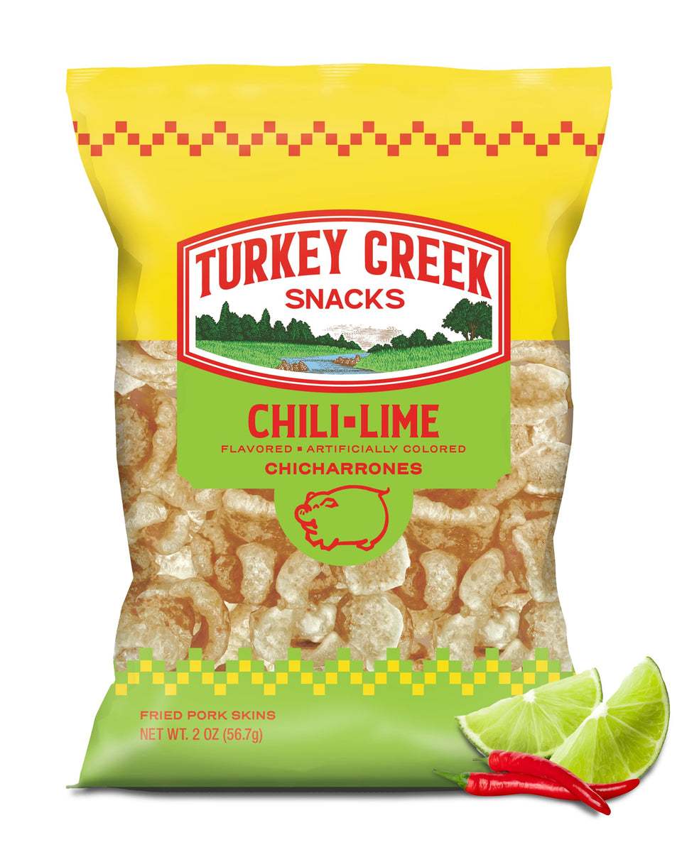 Turkey Creek Chili Lime Chicharrones bag — bold flavor and satisfying crunch.