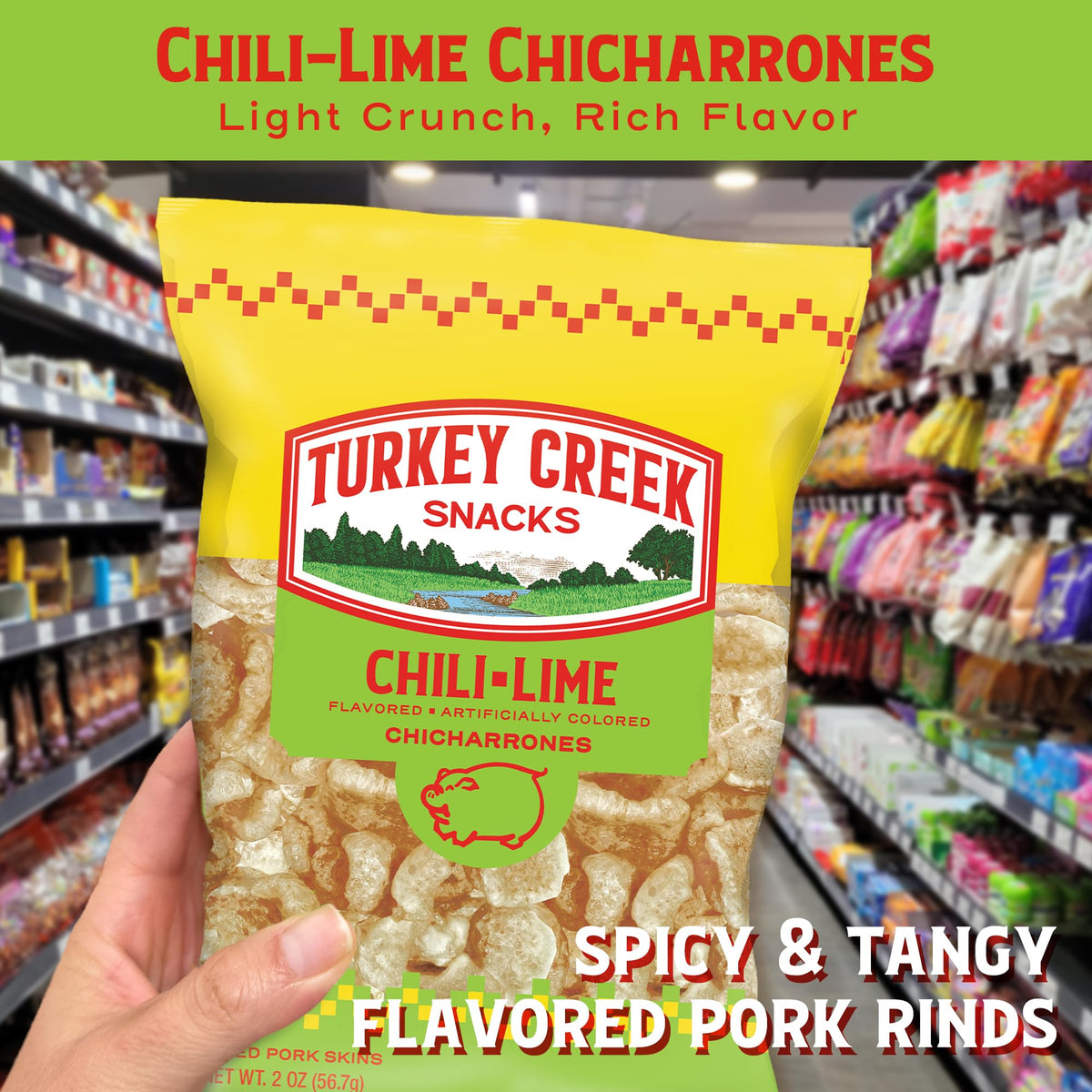 Turkey Creek Chili Lime Chicharrones crunch closeup — savory texture and fried perfection.
