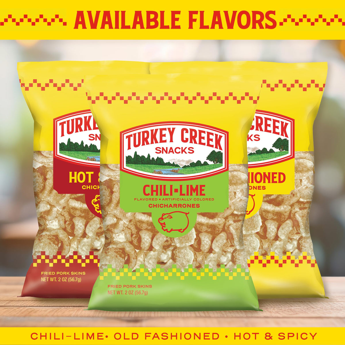 Turkey Creek Chili Lime Chicharrones tailgate setup — crowd-pleasing snack option.