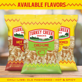 Turkey Creek Chili Lime Chicharrones tailgate setup — crowd-pleasing snack option.