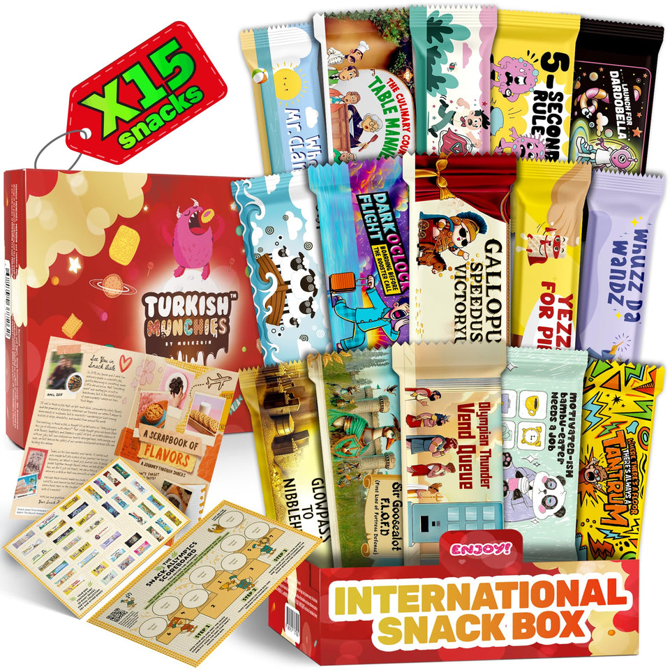 Turkish Munchies International Snack Box gift packaging—vivid world snacks ready for gifting.
