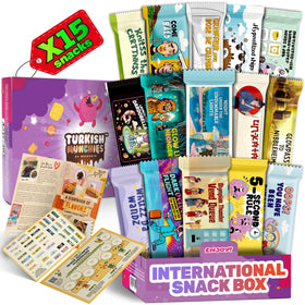 Turkish Munchies by Muekzoin international snack box, front view, gift-ready presentation