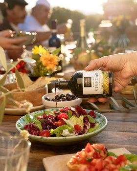 Tuscanini balsamic Modena pour captures smooth drizzle ideal for dressings.