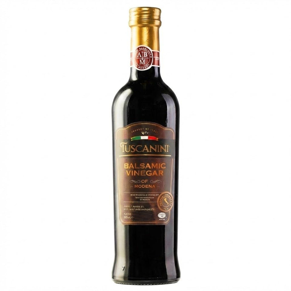 Tuscanini balsamic bottle viewed front, ideal for gourmet dressings and marinades.