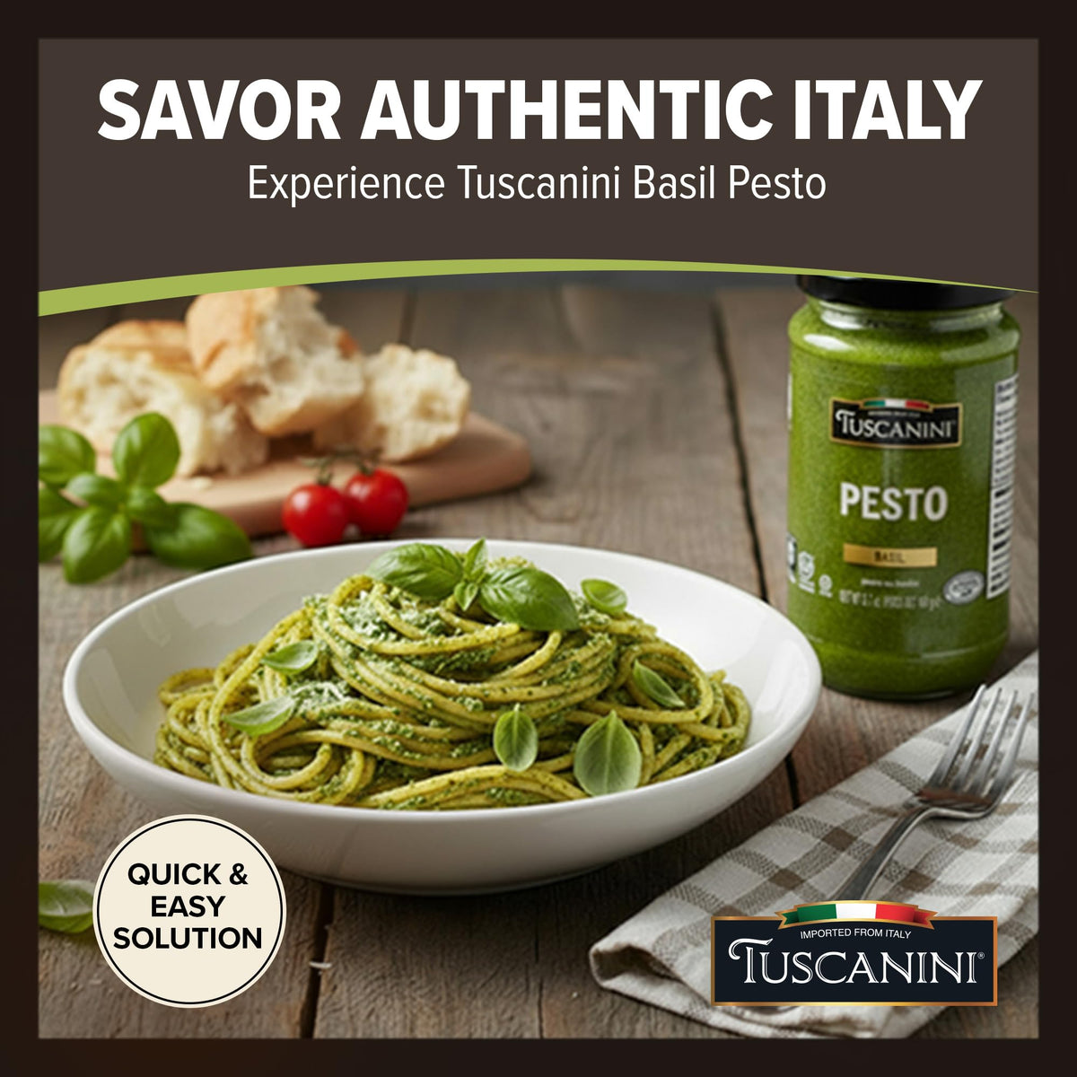 Close-up of Tuscanini Basil Pesto's creamy texture from cashews and sunflower oil.