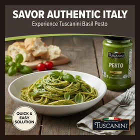 Close-up of Tuscanini Basil Pesto's creamy texture from cashews and sunflower oil.