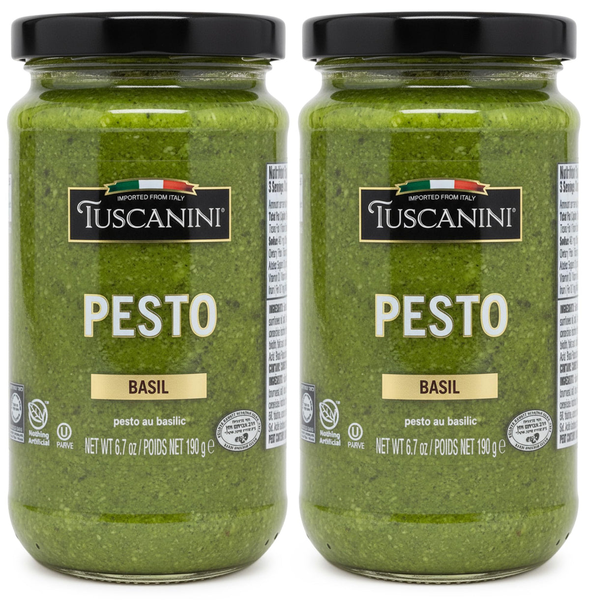 Tuscanini Basil Pesto glass jar with vibrant green color, ready for pasta, spreads, and more.