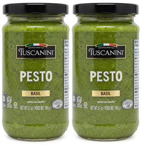 Tuscanini Basil Pesto glass jar with vibrant green color, ready for pasta, spreads, and more.