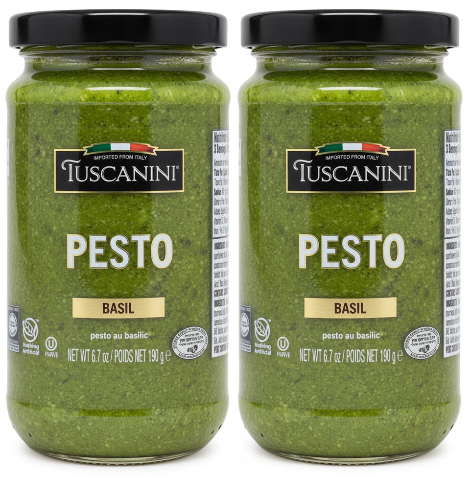 Tuscanini Basil Pesto glass jar with vibrant green color, ready for pasta, spreads, and more.