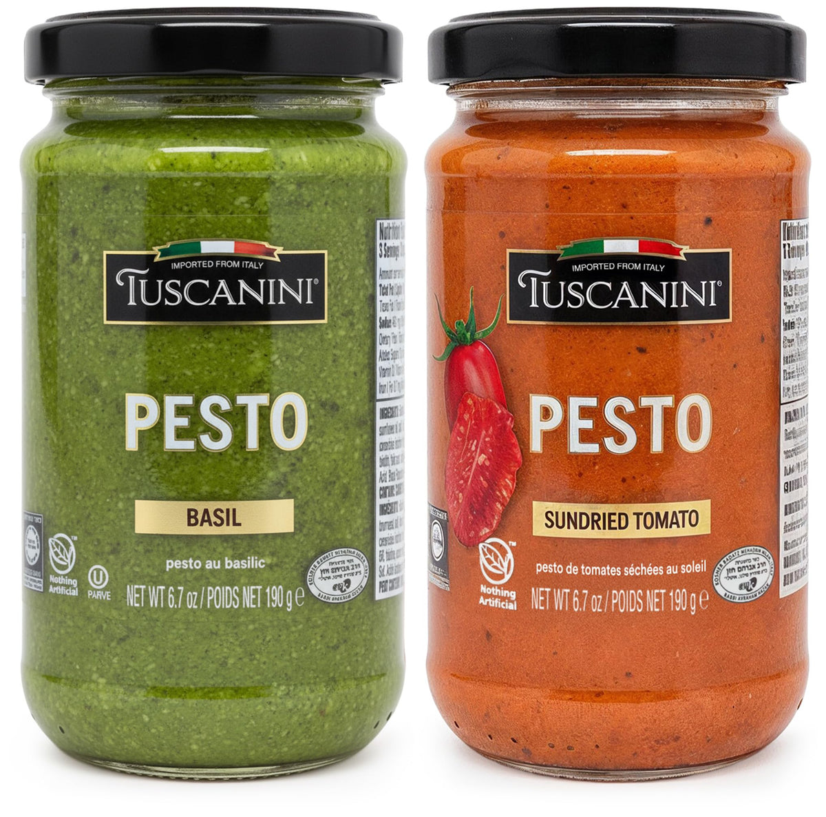Tuscanini Basil Pesto jar highlighting fresh basil, great for quick pasta dinners