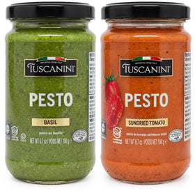 Tuscanini Basil Pesto jar highlighting fresh basil, great for quick pasta dinners