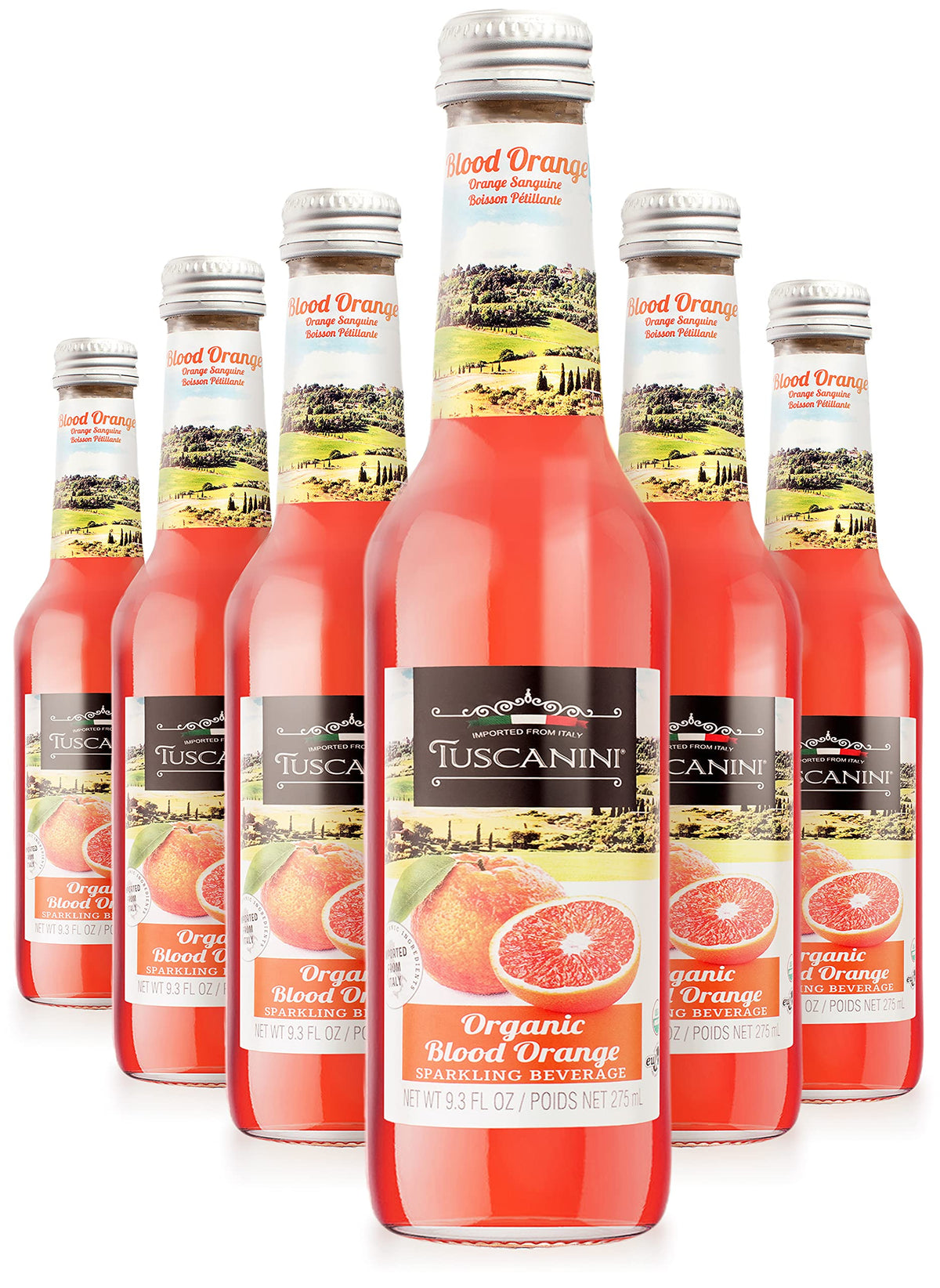 Tuscanini Blood Orange Soda bottle pouring over ice, highlighting real juice and bright aroma.