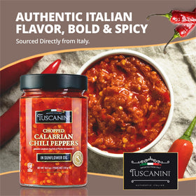 Tuscanini Calabrian-chili-peppers-in-oil close-up; vibrant color enhances sandwiches and salads.
