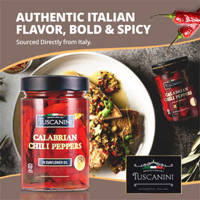 Closeup of Tuscanini Calabrian peppers in oil, red peppers glow with bold flavor