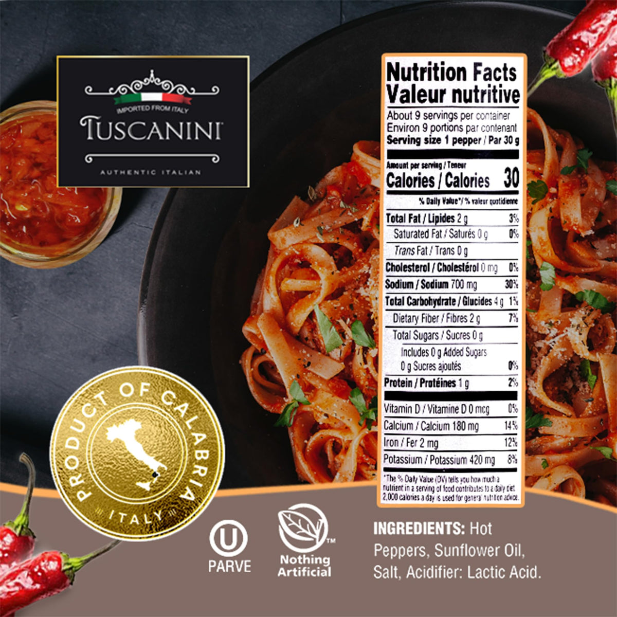 Kosher-certified Tuscanini peppers in oil, shows authentic Italian processing