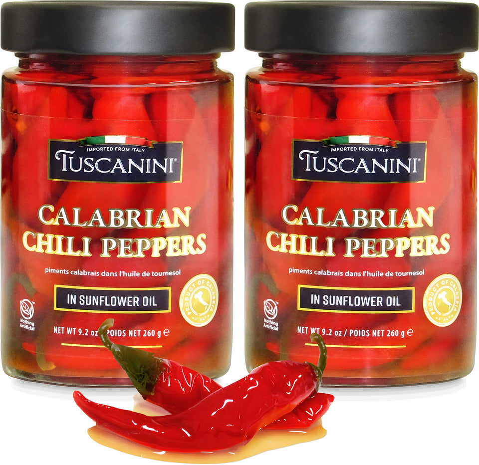 Tuscanini Calabrian peppers in oil, whole peppers in a glass jar, vibrant heat