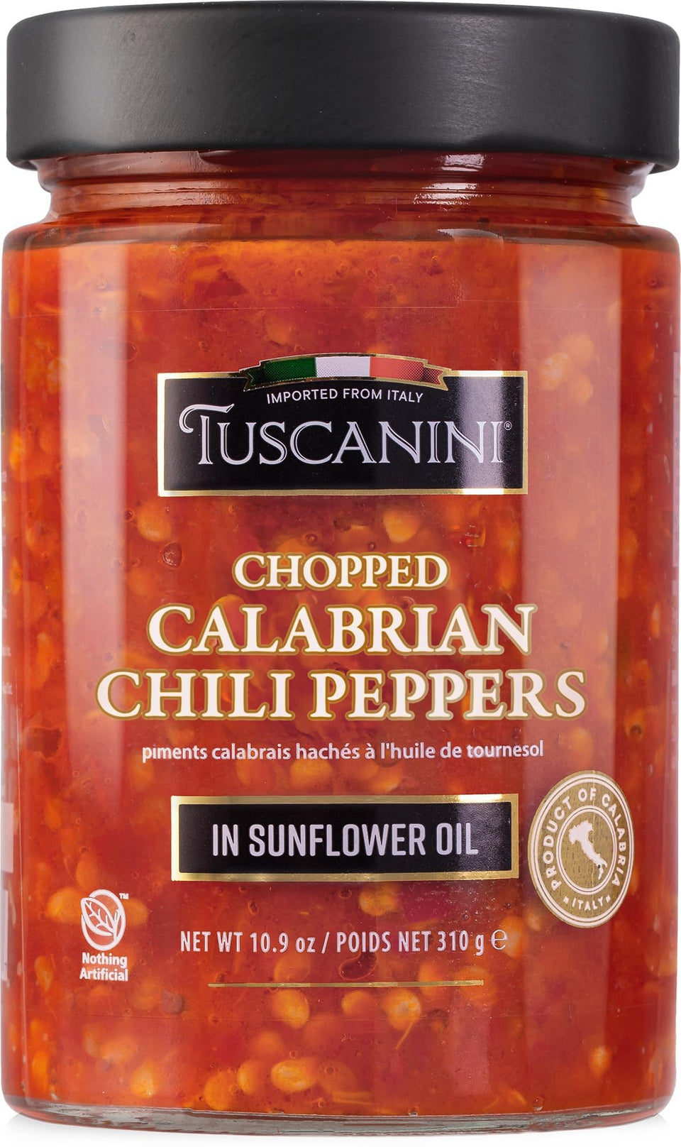 Tuscanini Calabrian peppers jar-front shows bold flavor ready to heat up pizzas.
