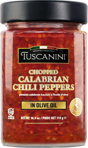 Tuscanini chopped Calabrian chili peppers in olive oil in a premium jar for easy topping.