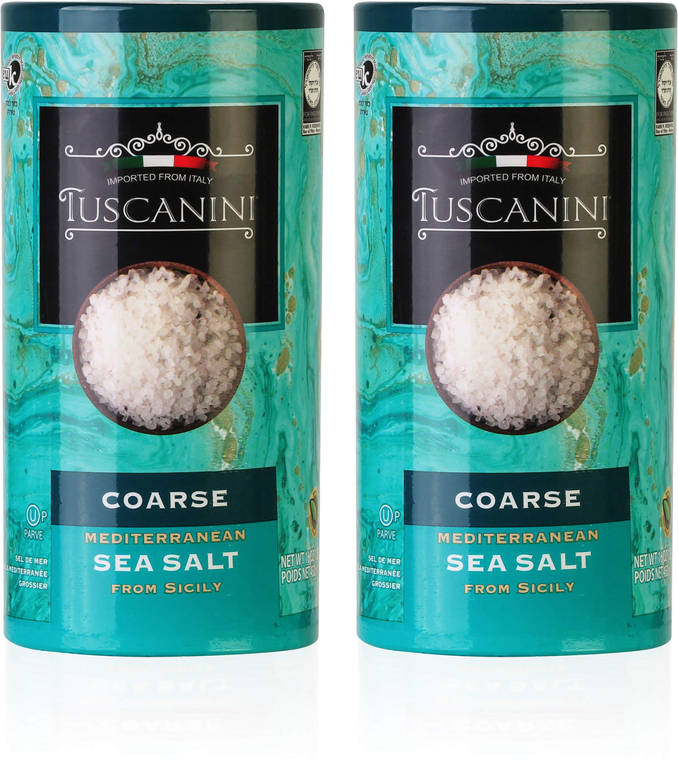 Tuscanini coarse sea salt packaging on display, authentic Italian quality for home cooking.