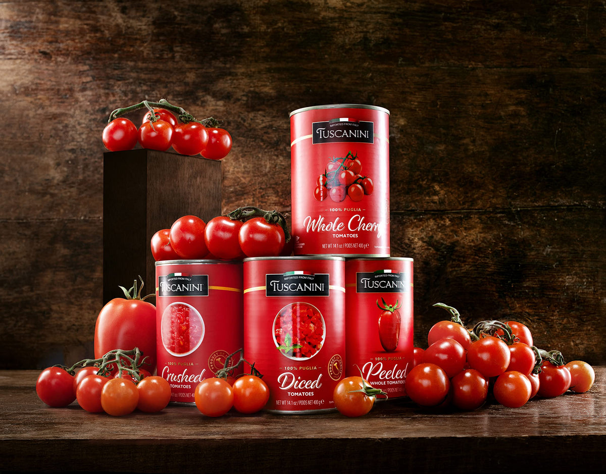 Tuscanini Crushed Tomatoes 4-pack can close-up; BPA-free packaging supports safe flavor preservation.