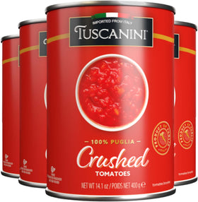 Tuscanini Crushed Tomatoes 4-pack front view; no added salt for flavor control.