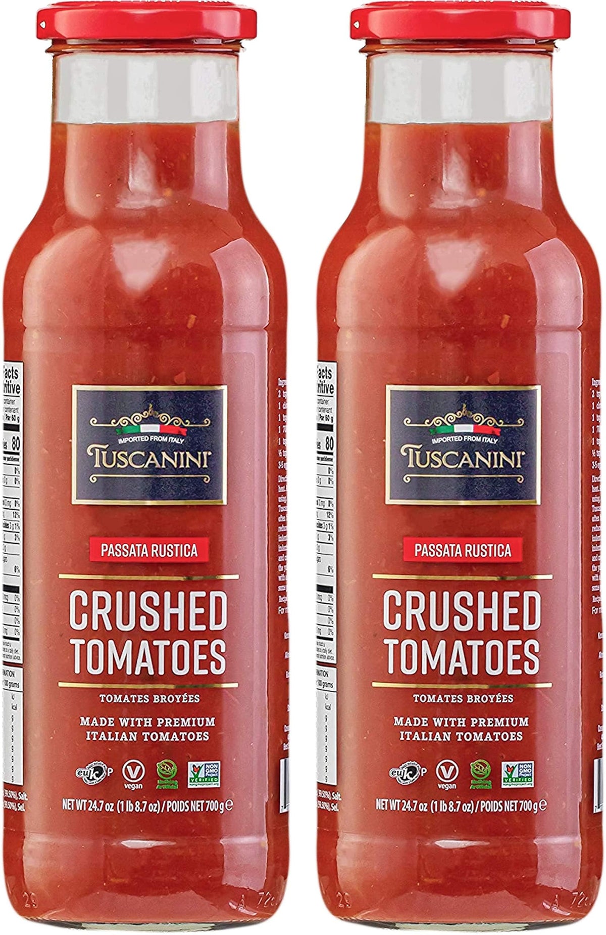 Tuscanini crushed tomatoes glass bottle on kitchen counter, ideal sauce base