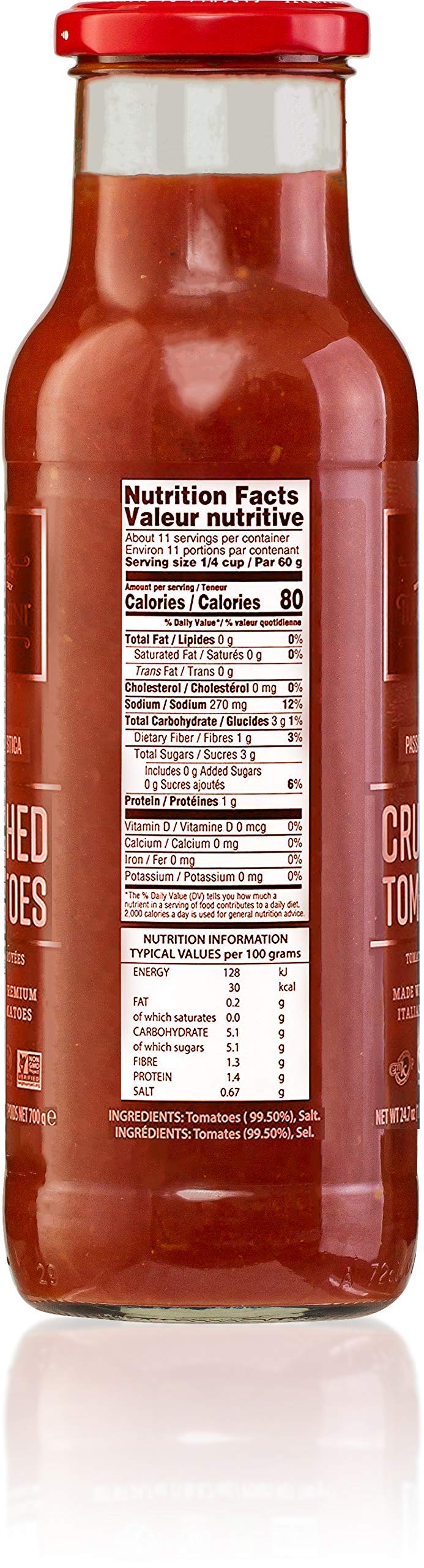 Label close-up of Tuscanini crushed tomatoes vegan and artificial-free claim