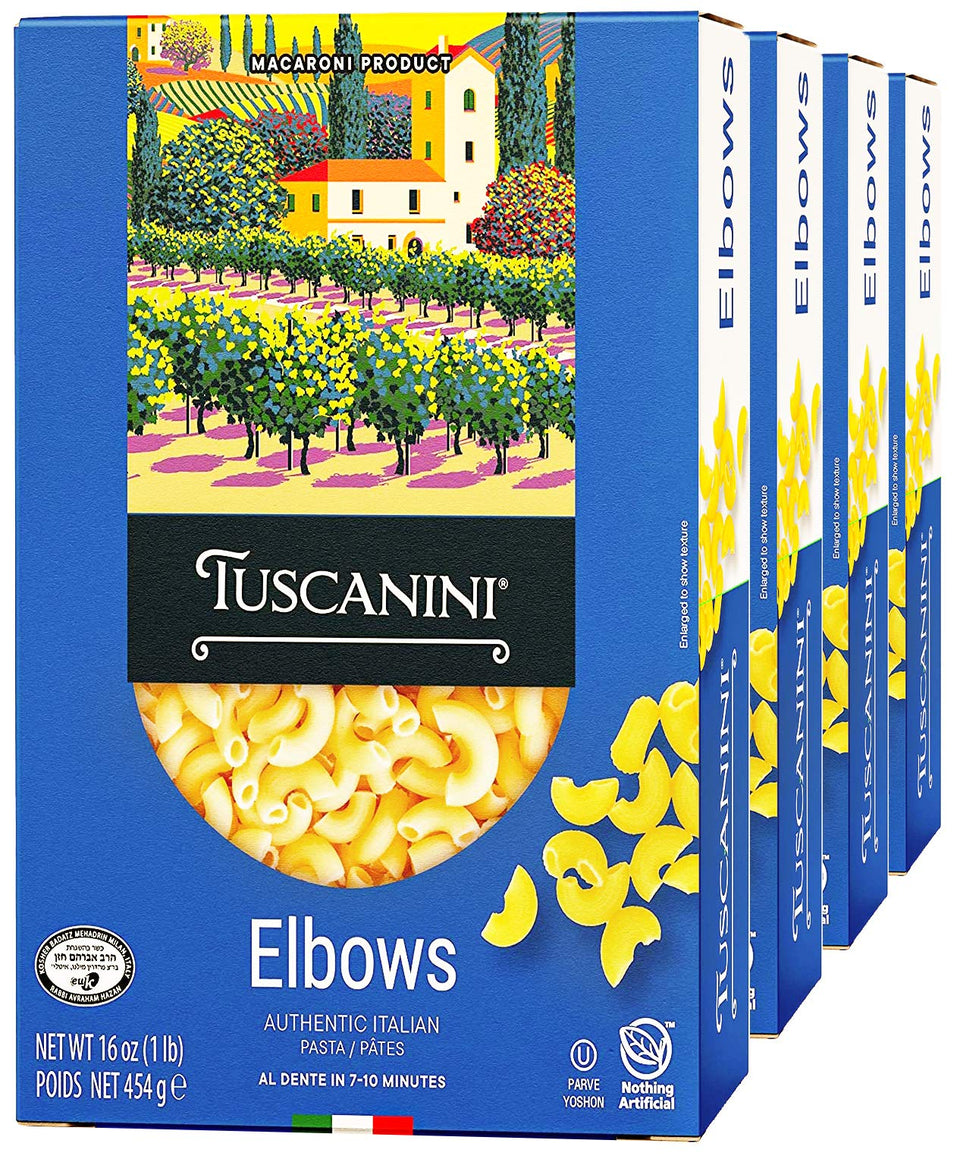 Tuscanini elbow macaroni packaging highlights premium durum wheat for authentic taste.