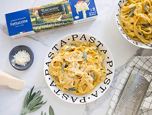 Tuscanini fettuccine packaging 16oz four-pack on pantry shelf