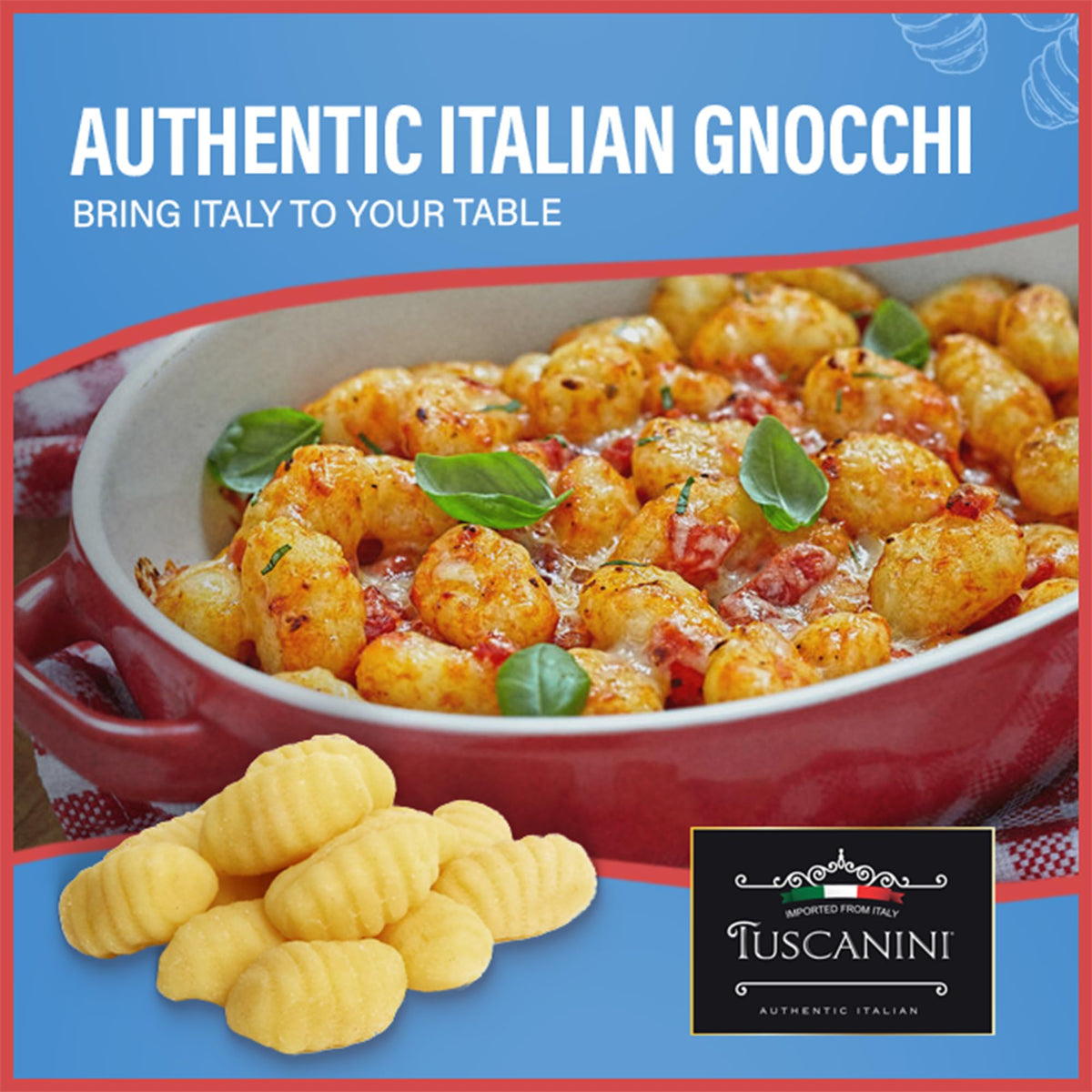 Cooked Tuscanini Gnocchi plated with a savory dinner sauce.