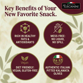 Travel-friendly olives ideal for picnics, planes, and office desks.
