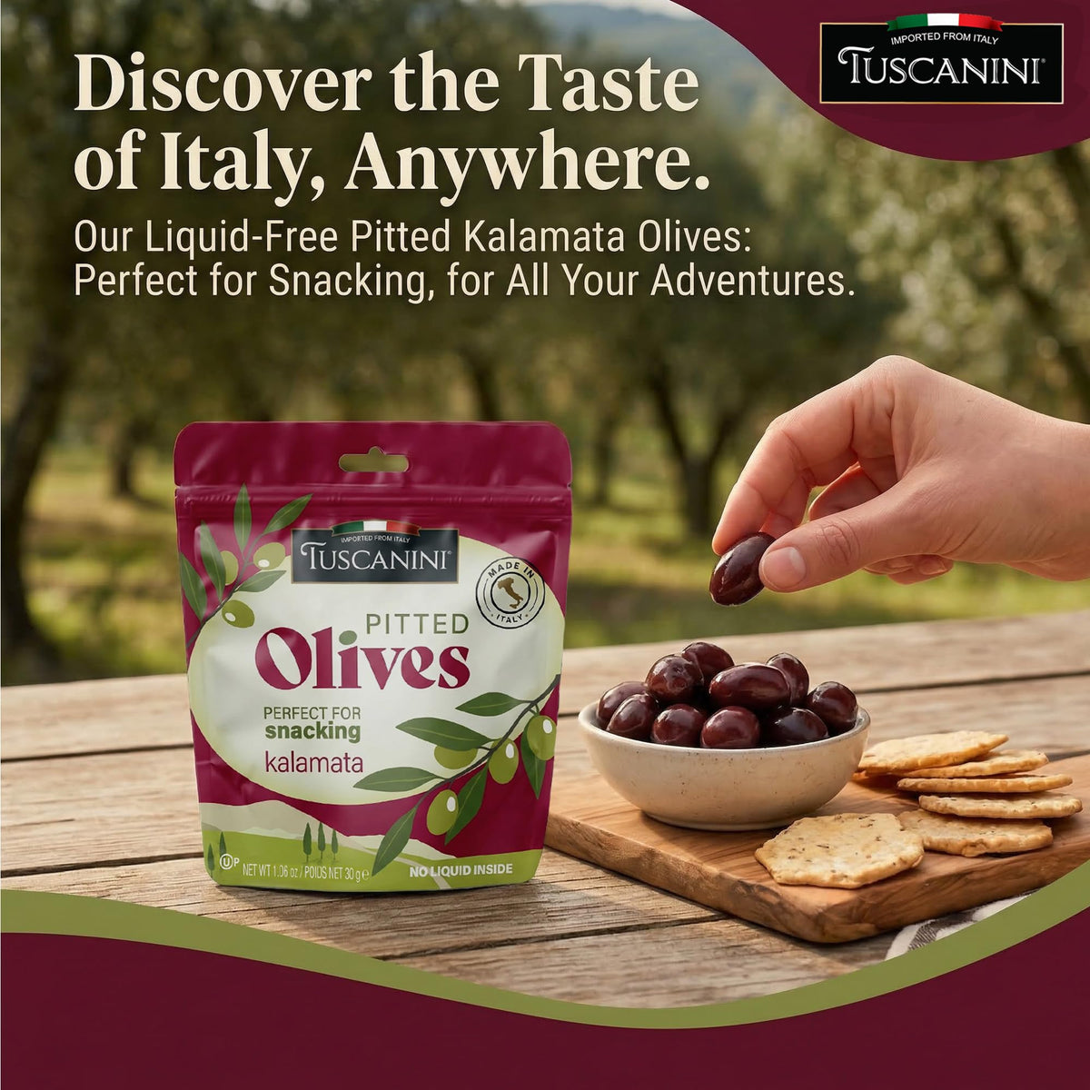 Pitted Kalamata olives from Tuscanini, ready for quick bites.