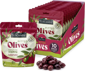 Tuscanini Kalamata Snack Olives in convenient pouches for on-the-go snacking.