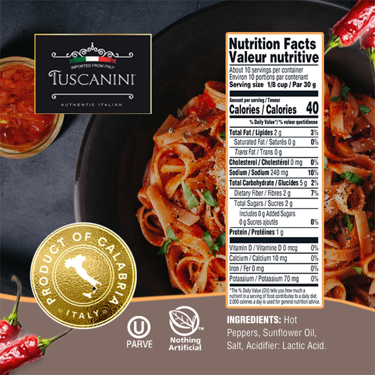 Tuscanini kosher-certification-label; trusted pantry staple for all-natural flavor.