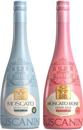 Tuscanini Moscato Sparkling Grape Juice bottle front with bright bubbles, ideal for celebrations.