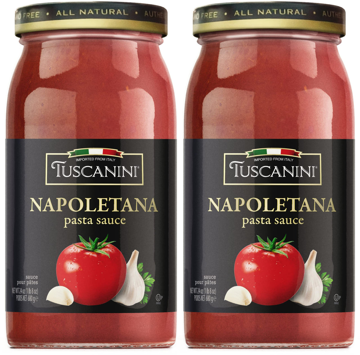 Tuscanini Napoletana pasta sauce jar featuring ripe tomatoes and onions for quick weeknight meals