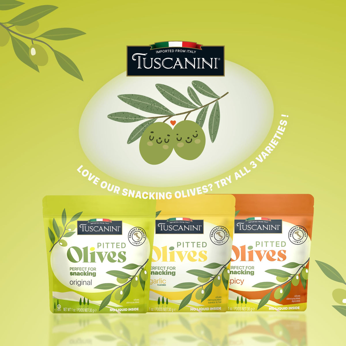 Tuscanini olive pouch with minimal ingredients for clean flavor.
