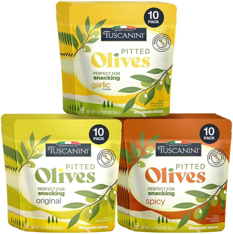 Tuscanini Olive Snack Original Pack with convenient on-the-go pouches for quick bites.