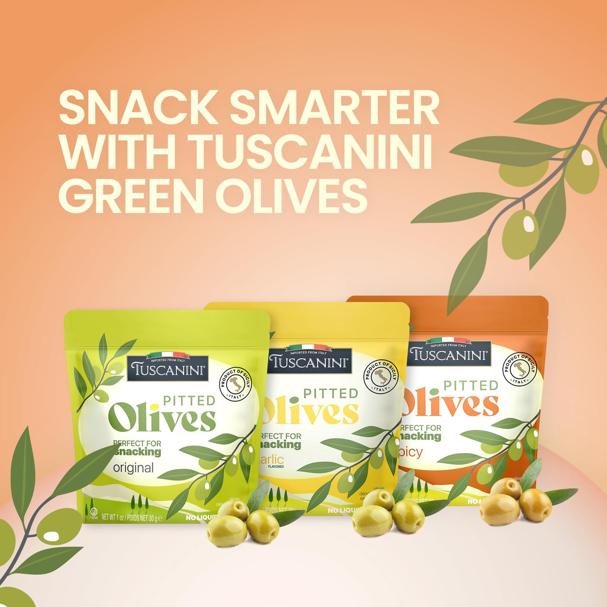 Tuscanini Olive Snack Spicy Pack in portable pouches for bold, ready-to-eat snacking.