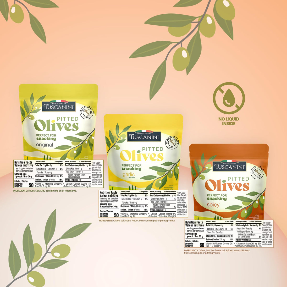 Tuscanini Olive Snack Variety Pack provides three flavors in travel-friendly pouches.