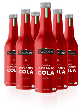 Tuscanini Organic Cola bottle glass closeup, premium packaging for gifting and sharing.