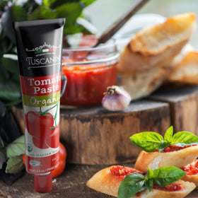 Tuscanini organic tomato paste label highlights organic and kosher features