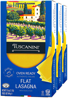 Tuscanini oven-ready lasagna package highlighting premium durum wheat for quicker weeknight dinners.